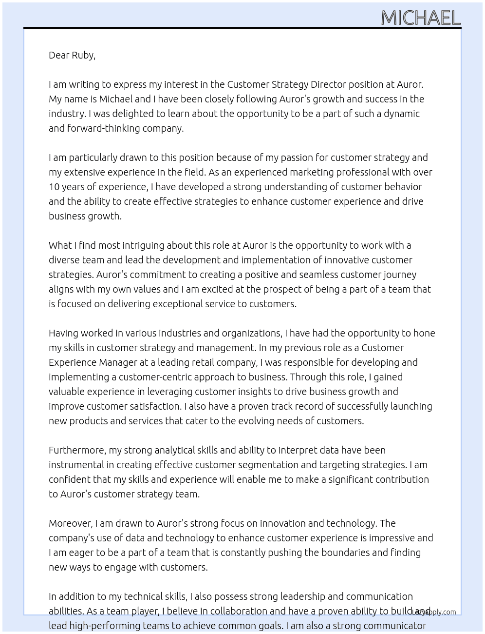 Customer Strategy Director At Auror Cover Letter