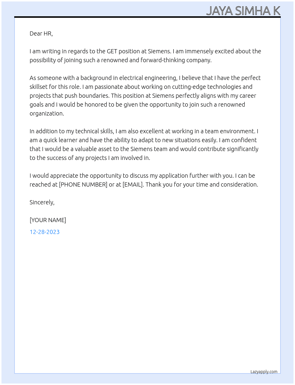 GET At Siemens Cover Letter