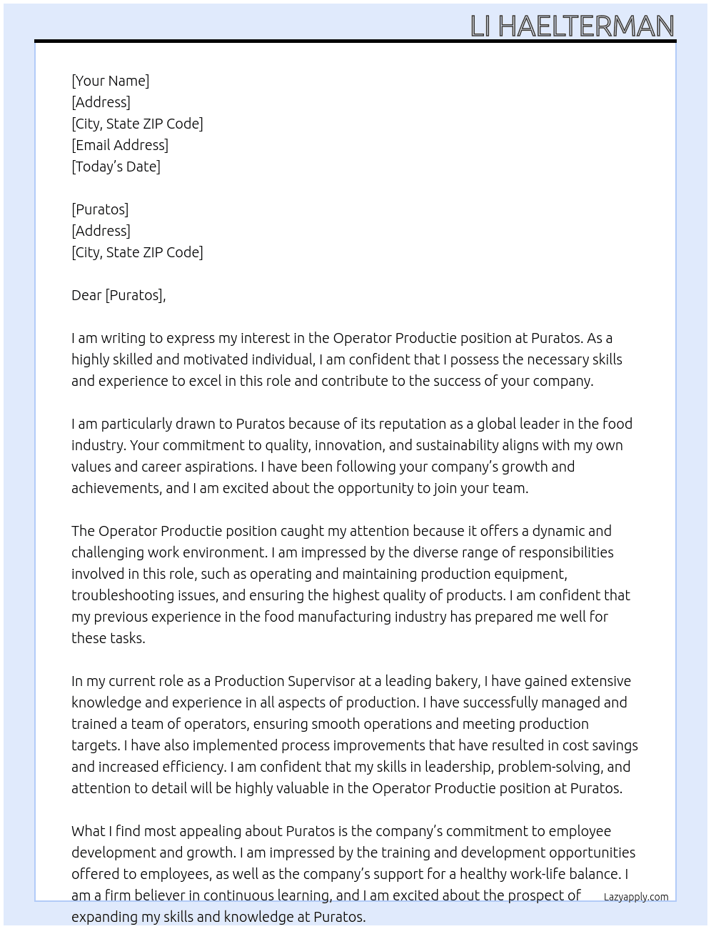 operator productie At puratos Cover Letter