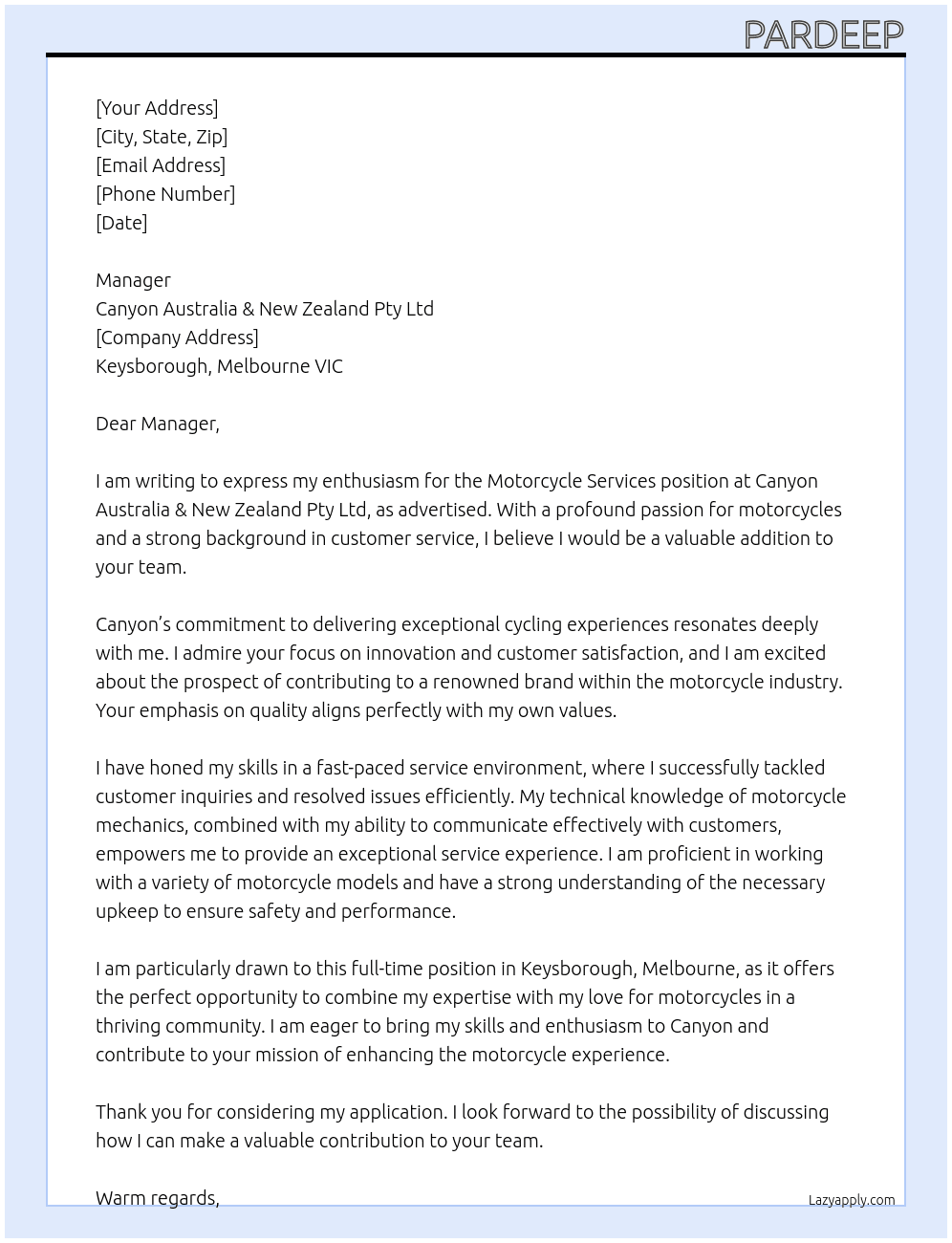 Motorcycle Services At Canyon Australia & New Zealand Pty Ltd Cover Letter
