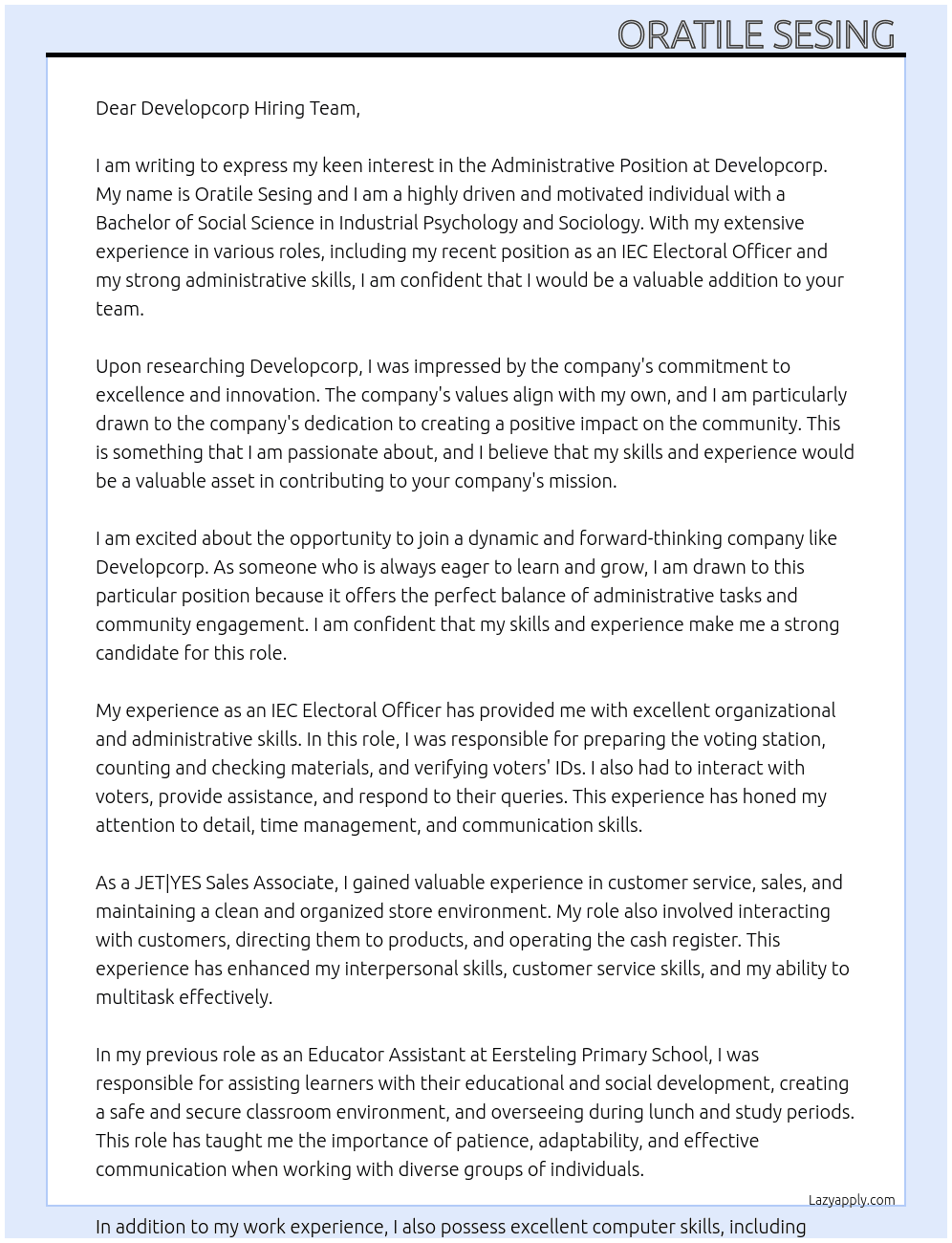Administrative Position At develop corp Cover Letter