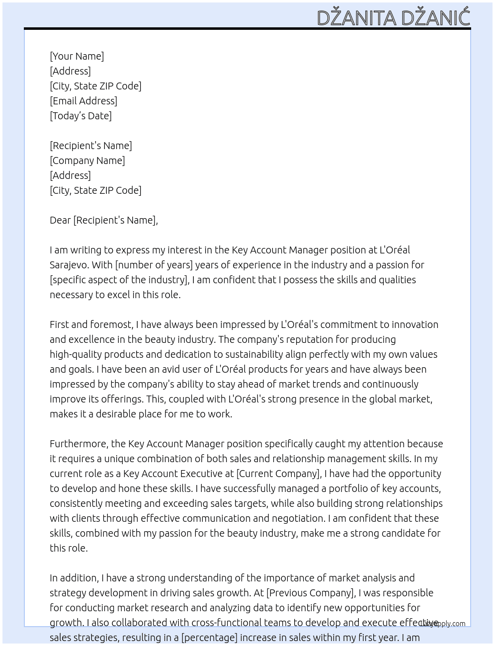 Key Account Manager At  L'Oréal Sarajevo Cover Letter