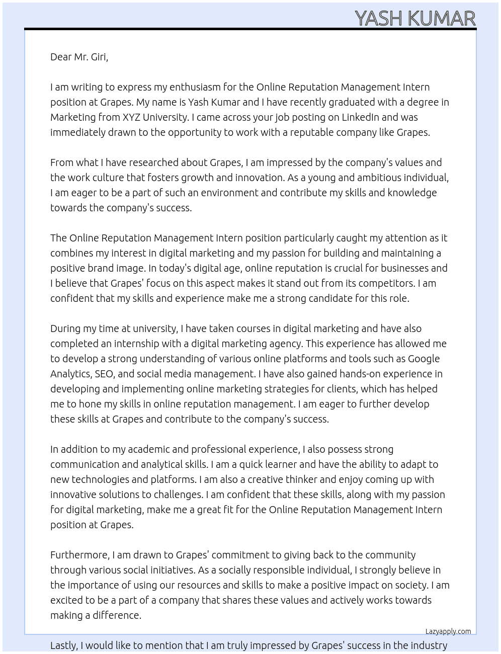 Online Reputation Management Intern At Grapes  Cover Letter