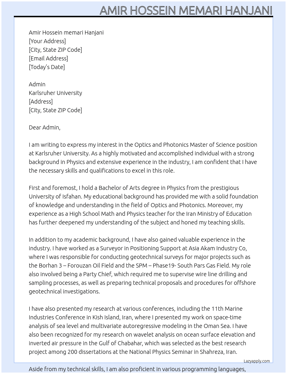 Cover letter for optics and photonics master of science - LazyApply