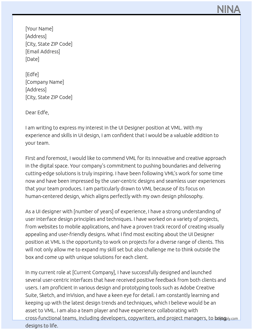 ui designer At VML Cover Letter