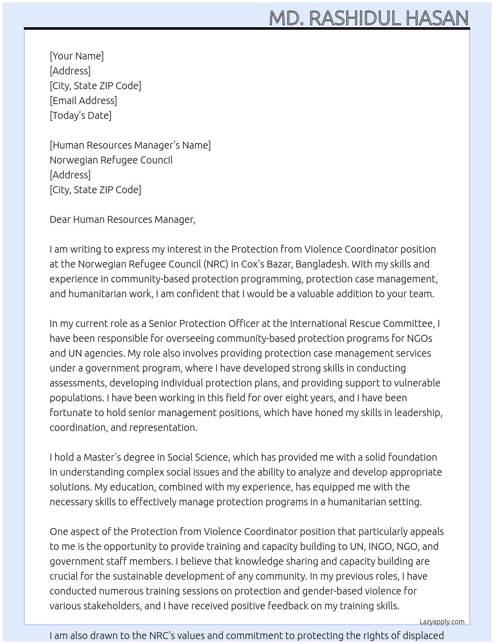 Protection from Violence Coordinator Bangladesh Cox's Bazar At Norwegian Refugee Council (NRC) Cover Letter