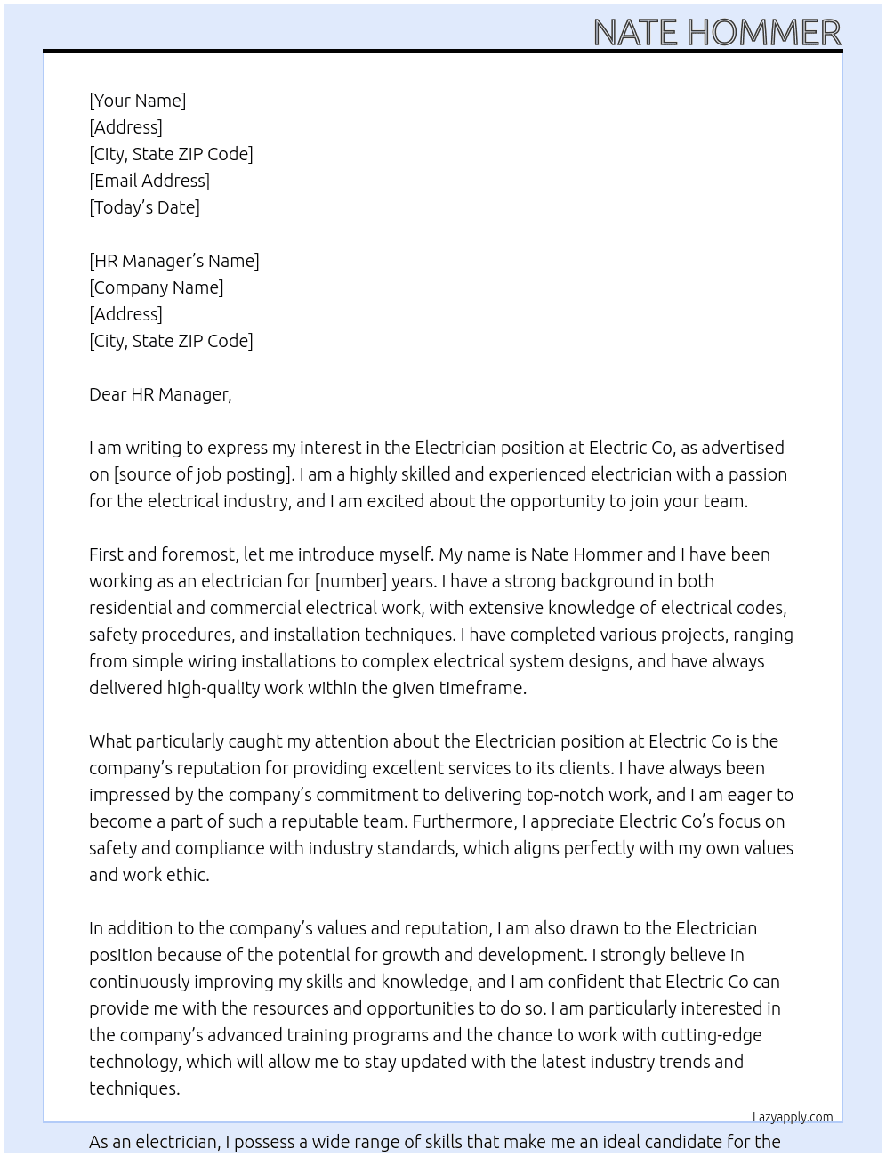 Electrician At Electric Co Cover Letter