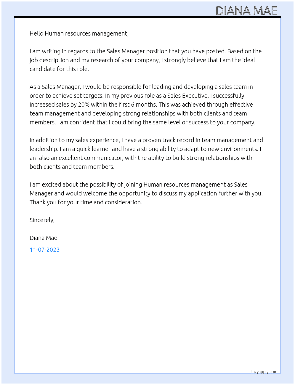 Sales manager At Human resources management  Cover Letter