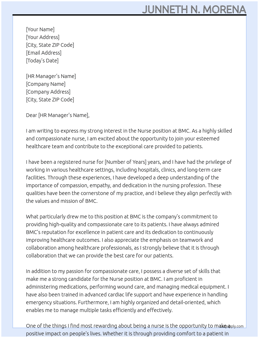  Nurse At BMC Cover Letter