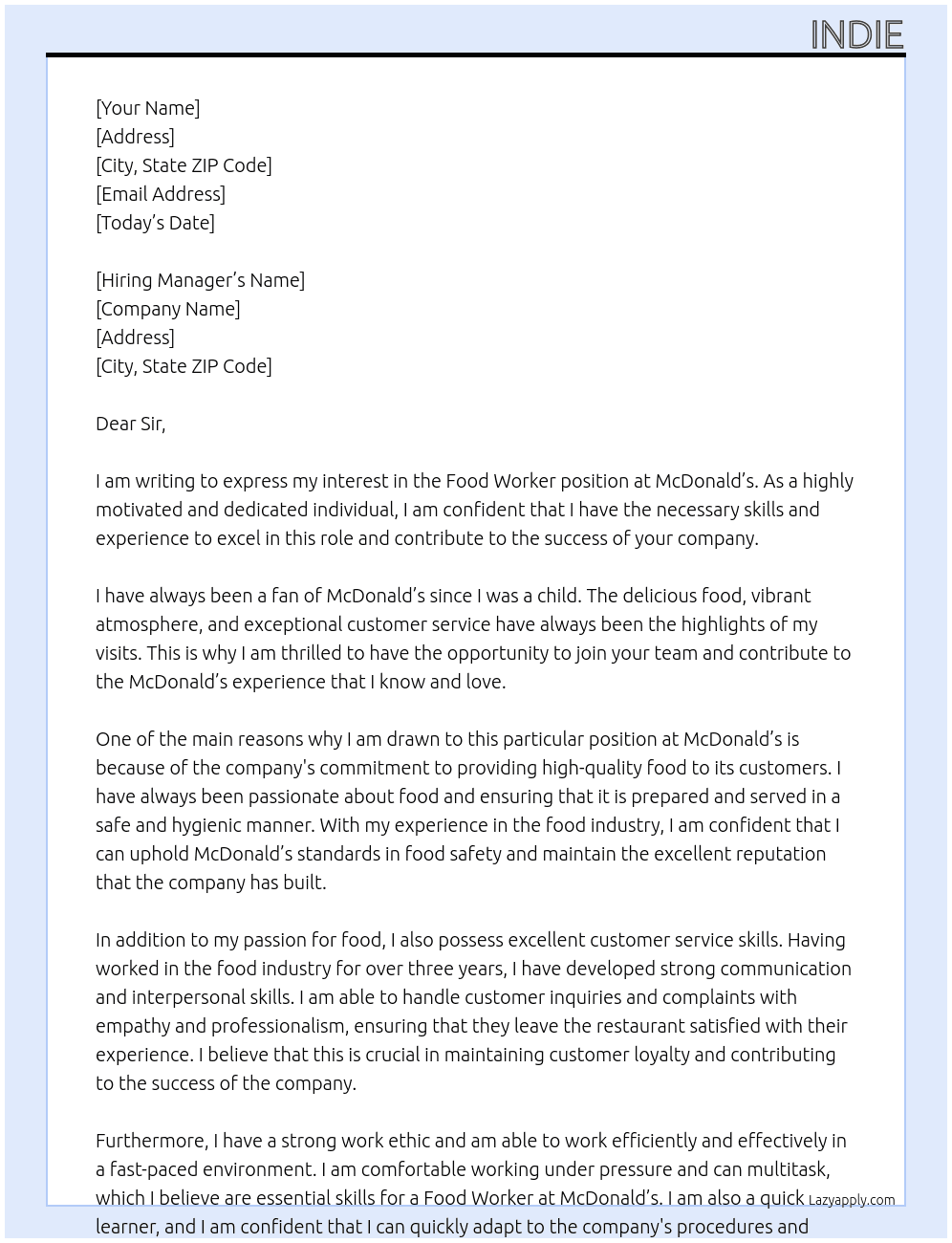 food worker At mcodnalds Cover Letter