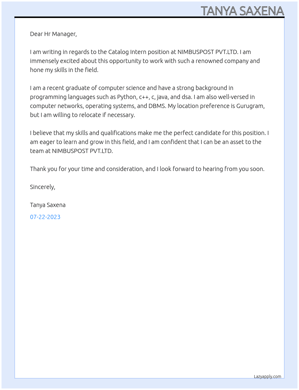 Catalog Intern At NIMBUSPOST PVT.LTD Cover Letter