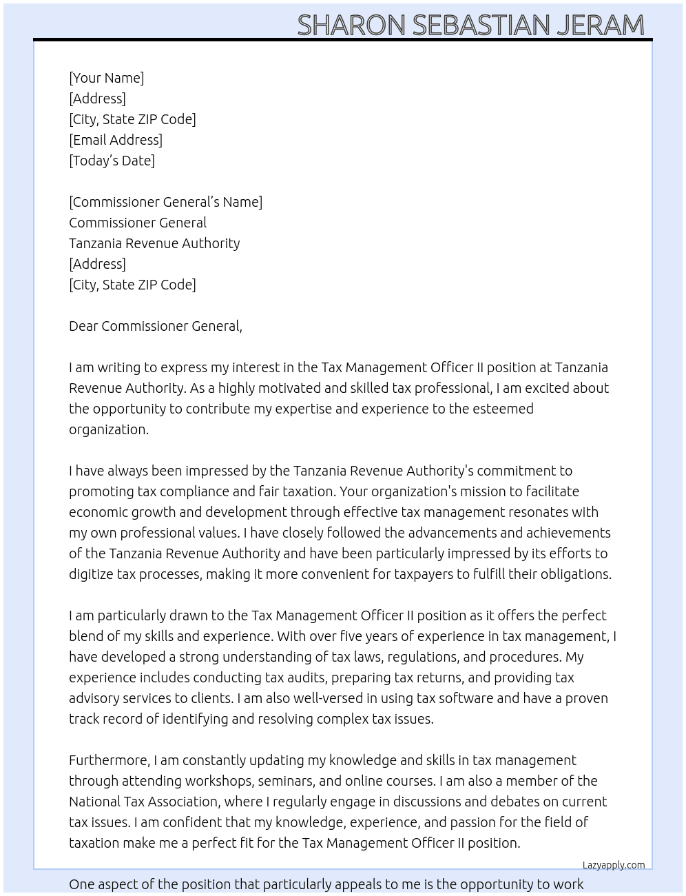 Tax management officer II At Tanzania Revenue Authority  Cover Letter