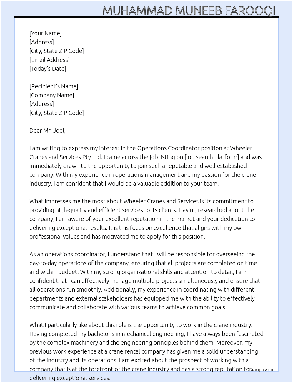 Operations coordinator  At Wheeler Cranes and Services Pty ltd  Cover Letter