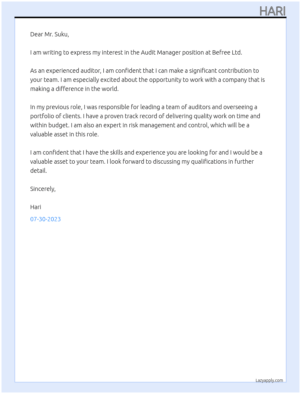 Audit Manager  At Befree Ltd Cover Letter