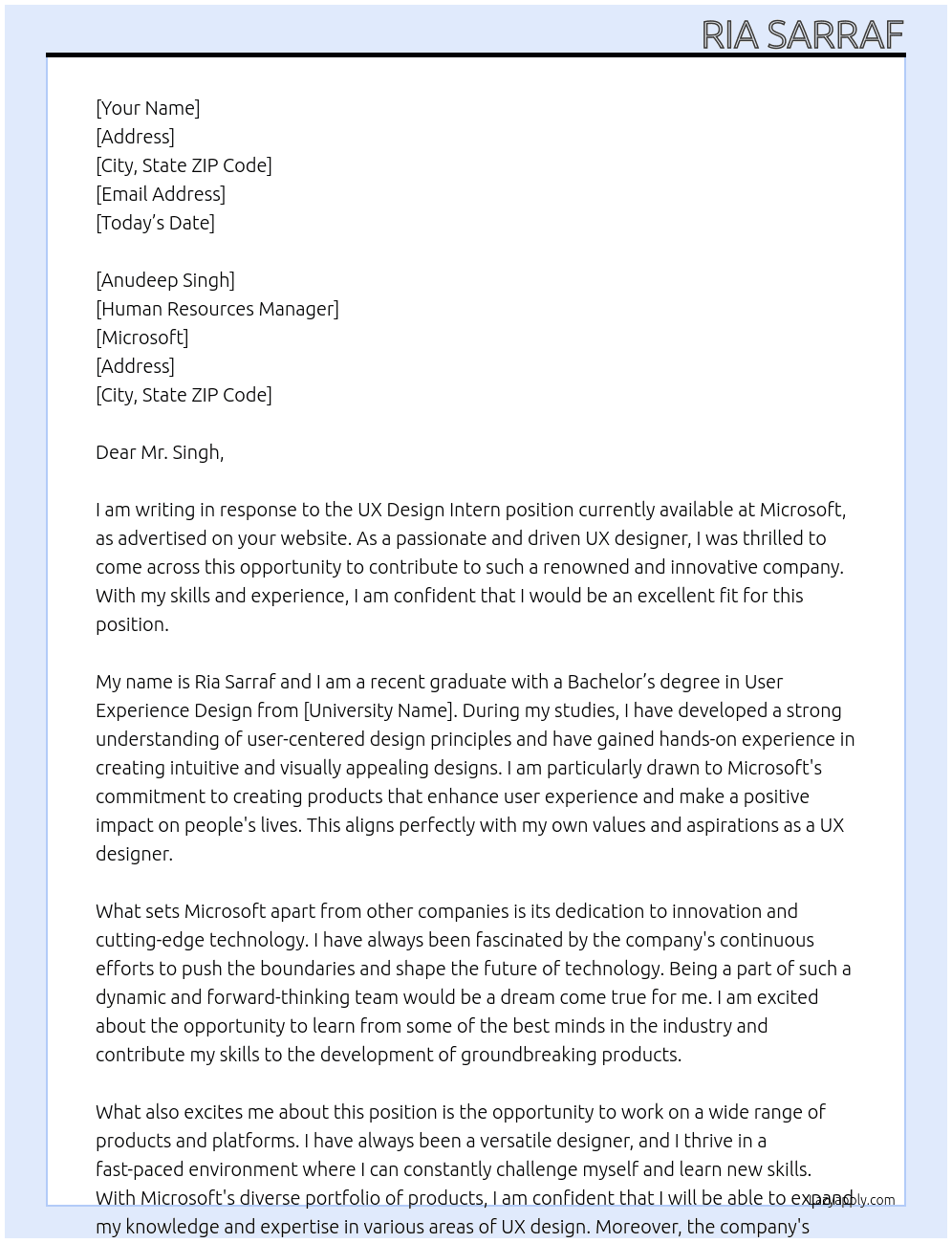 UX Design Intern At Microsoft Cover Letter