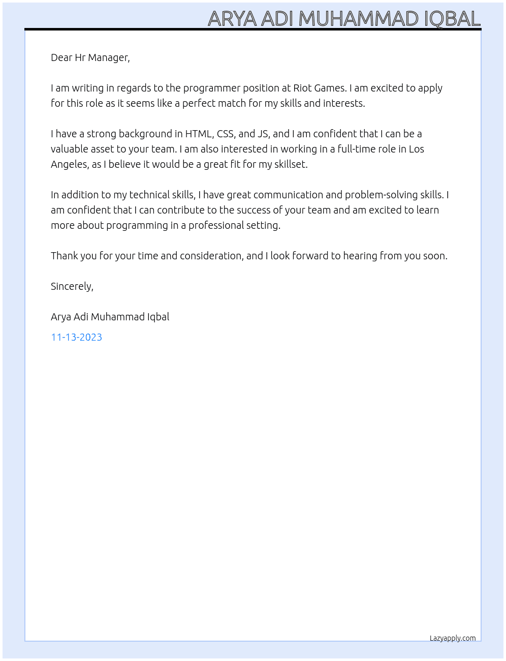 Programmer At Riot Games Cover Letter