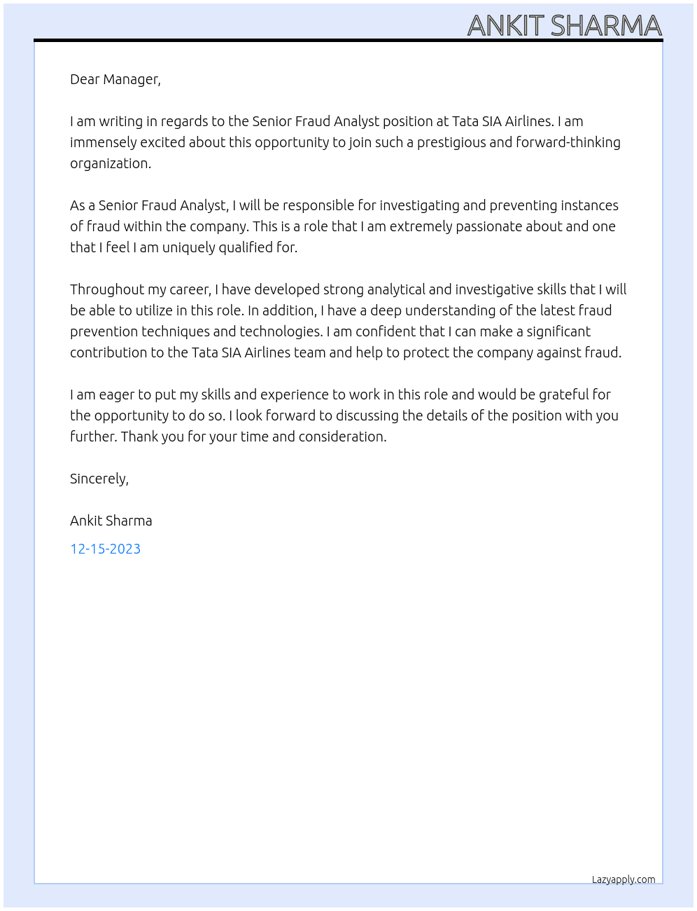 Senior Fraud Analyst At Tata SIA Airlines Cover Letter
