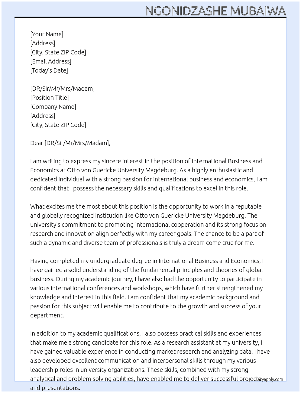 International Business and Economics At Otto von Guericke University Magdeburg  Cover Letter