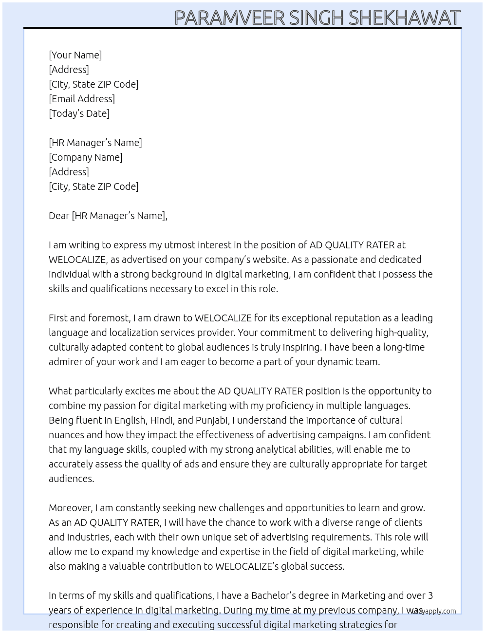 Cover letter for ad quality rater - LazyApply