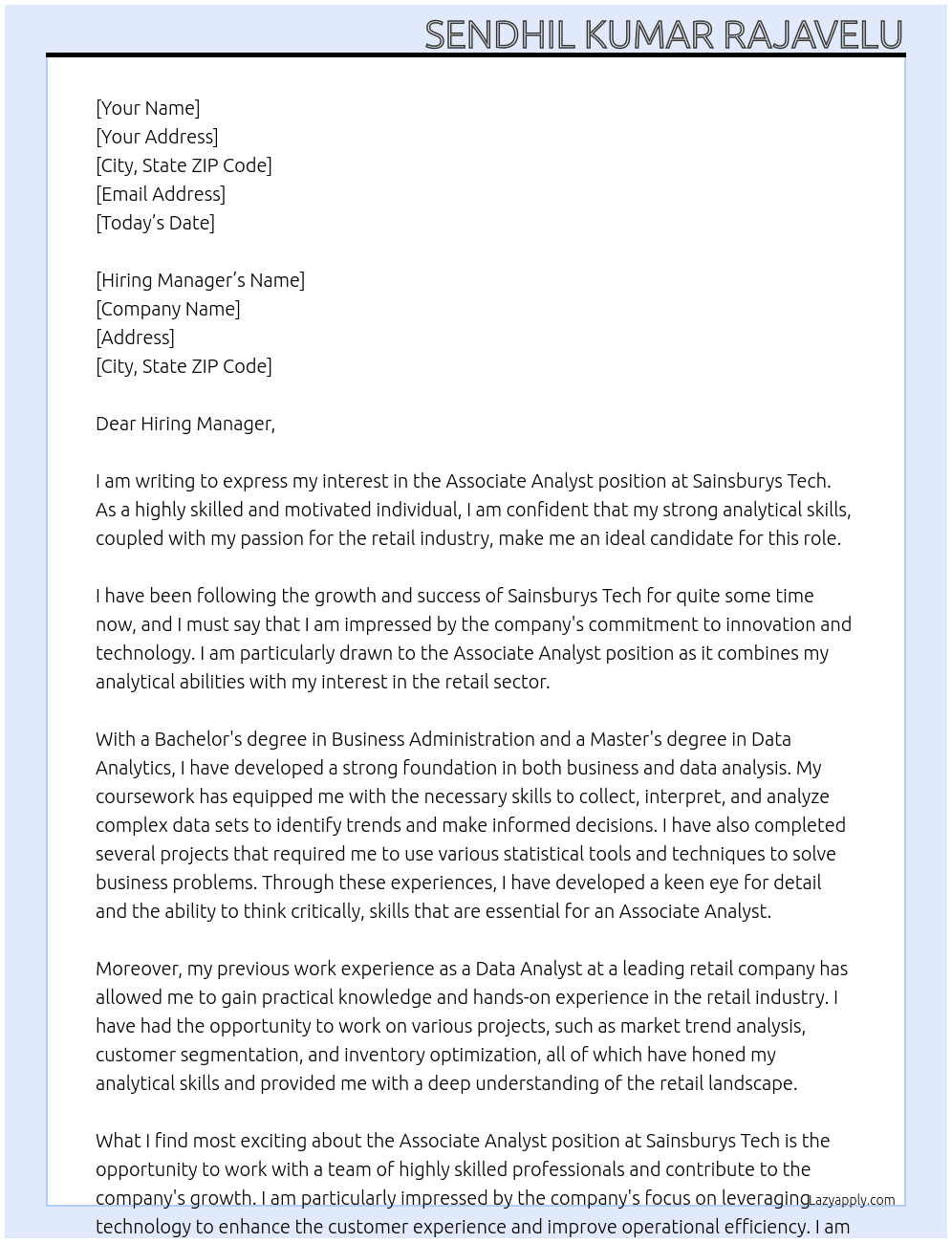 Associate Analyst At  Sainsburys Tech Cover Letter