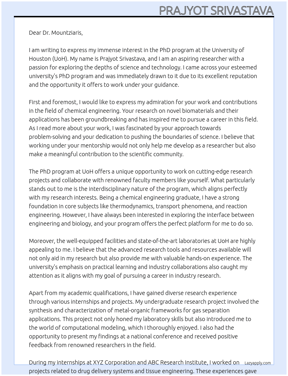 PhD program At UoH Cover Letter