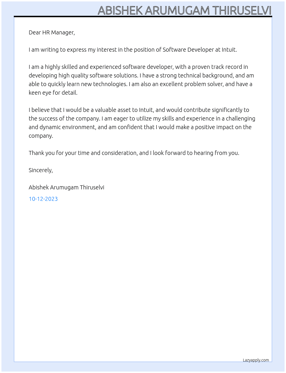 Software developer At Intuit Cover Letter