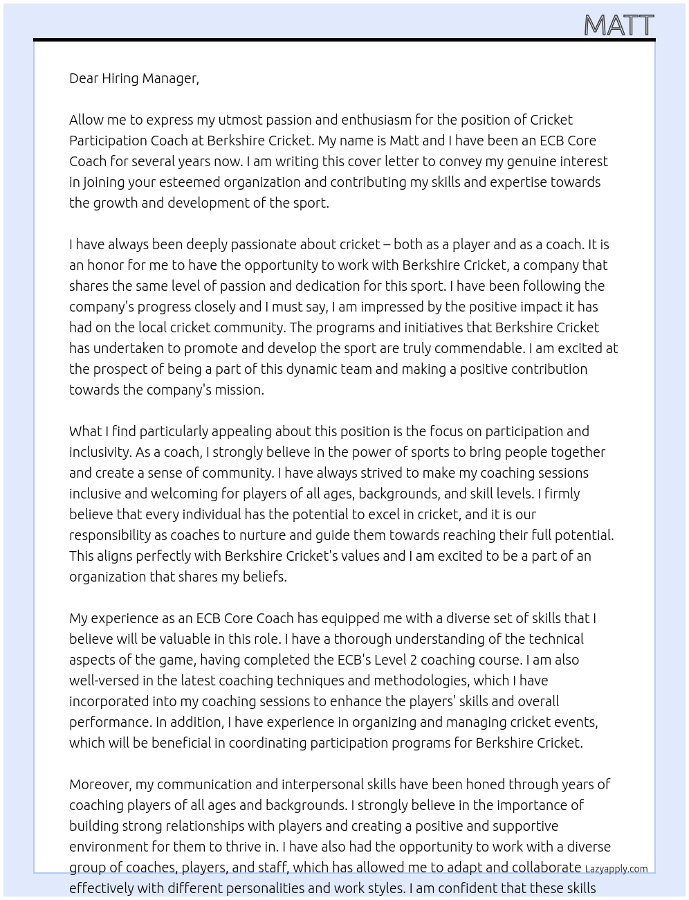cricket participation coach At Berkshire Cricket Cover Letter