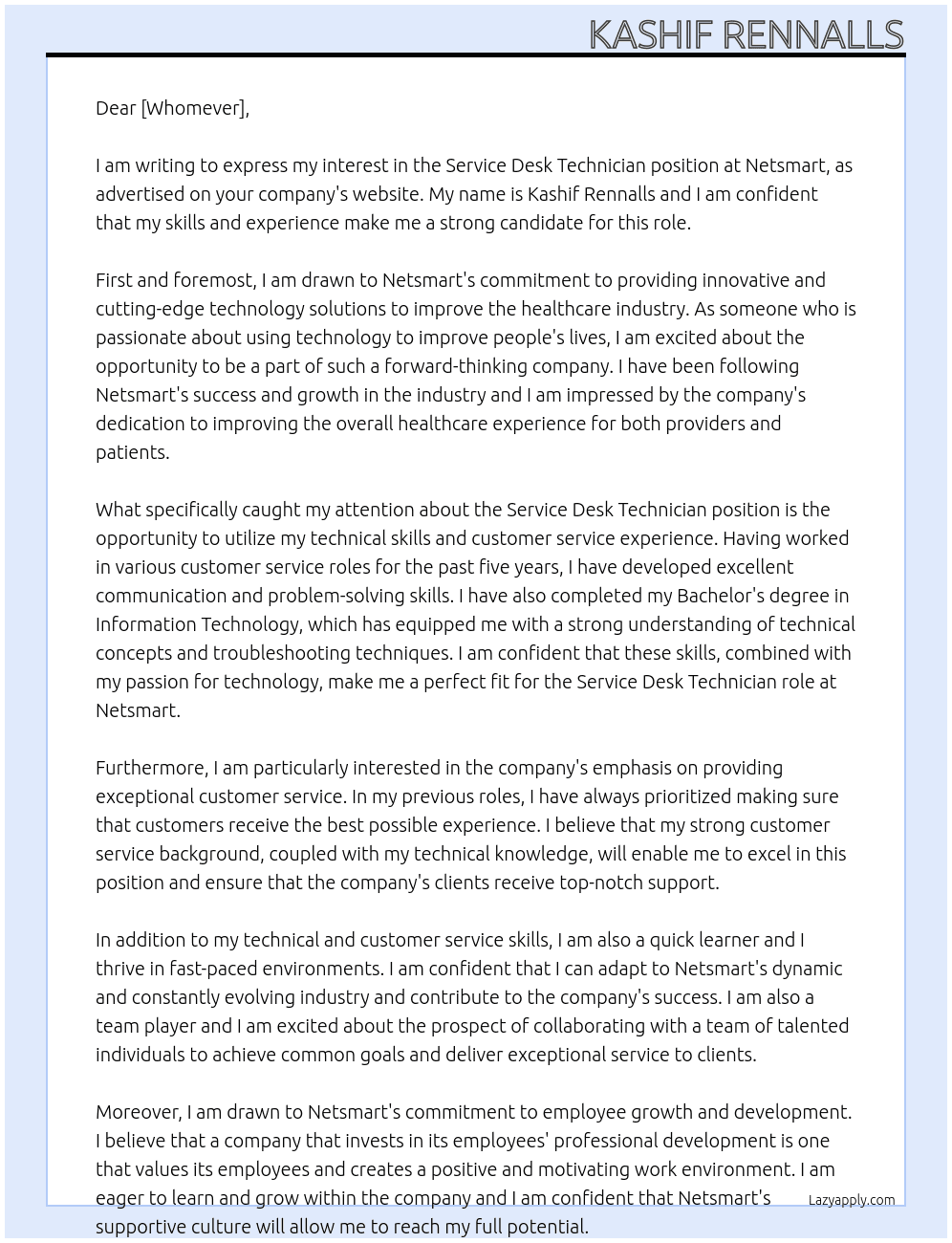 Service Desk Technician At Netsmart Cover Letter