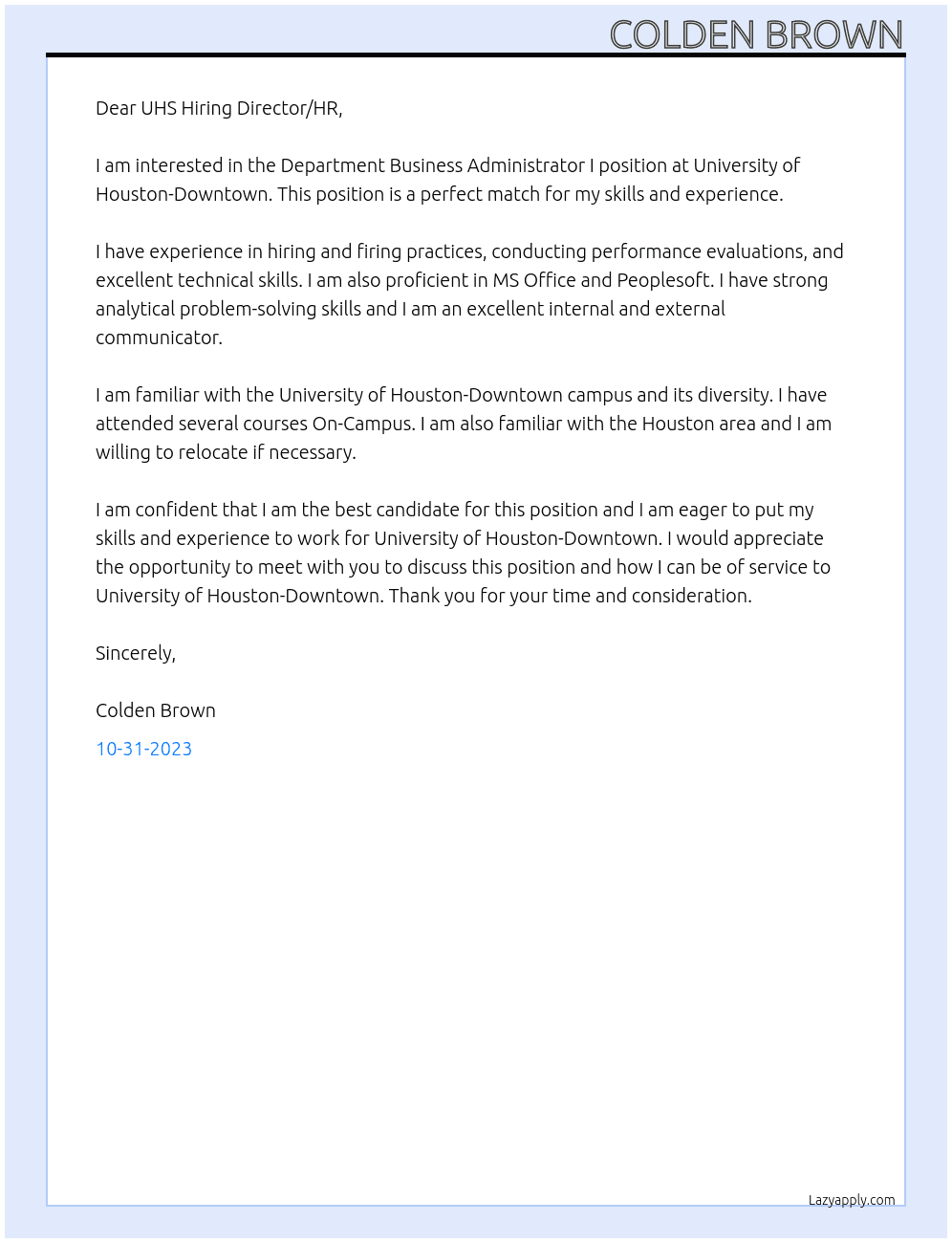 Department Business Administrator I At University of Houston-Downtown Cover Letter