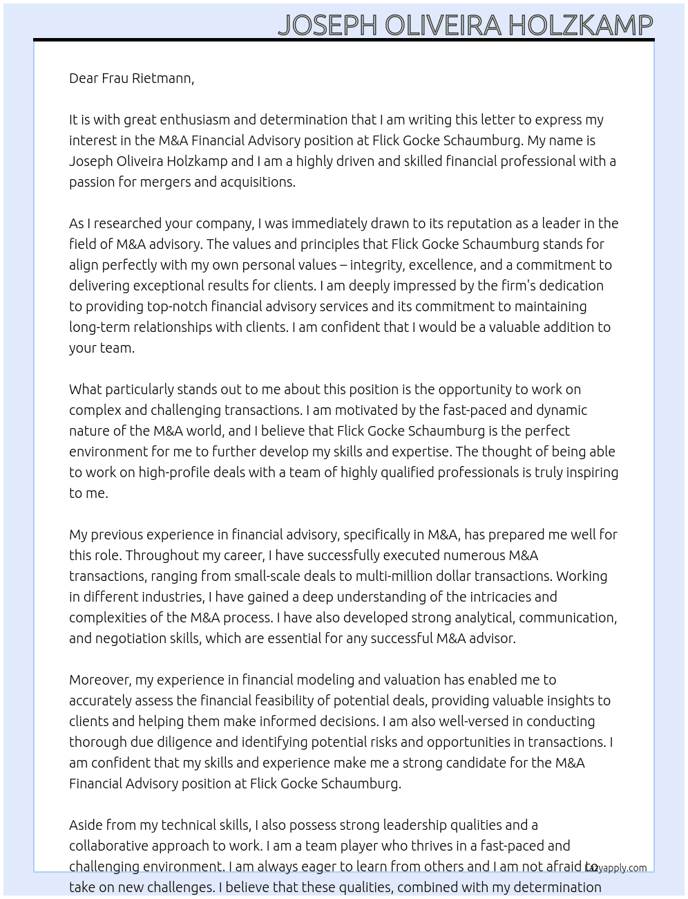  M&A Financial Advisory At Flick Gocke Schaumburg Cover Letter
