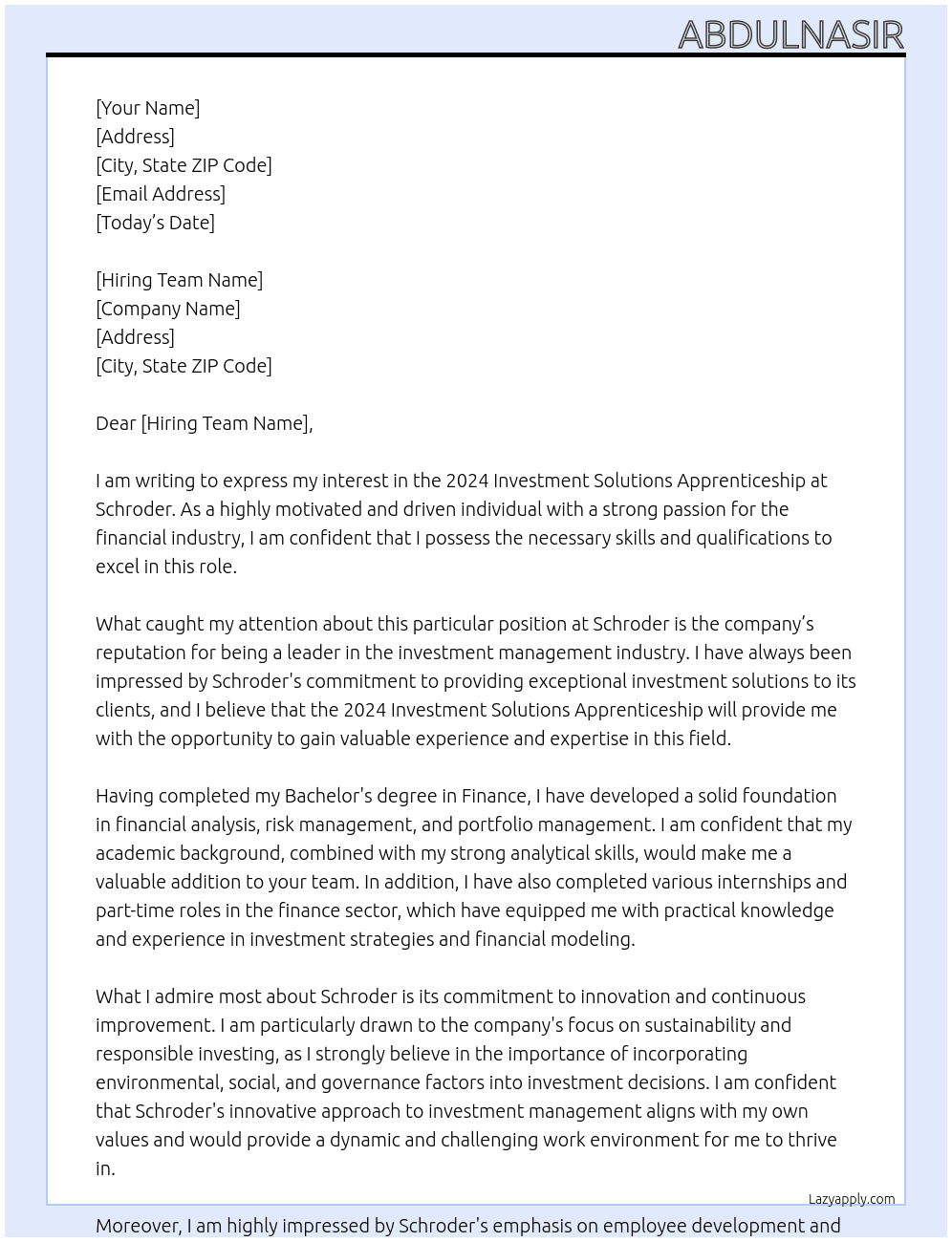 2024 Investment Solutions Apprenticeship At schroder Cover Letter