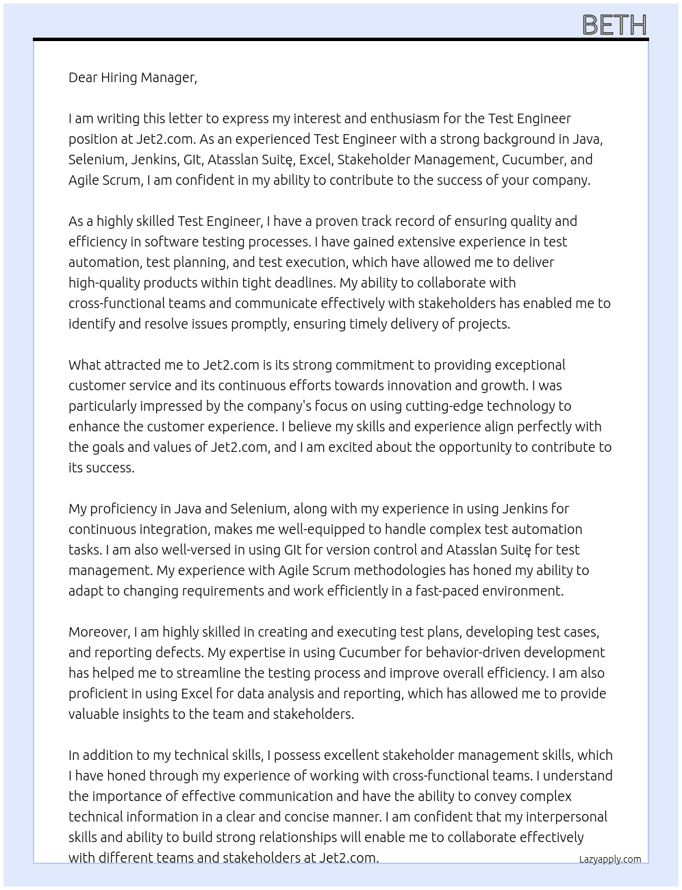 Test Engineer At Jet2.com Cover Letter