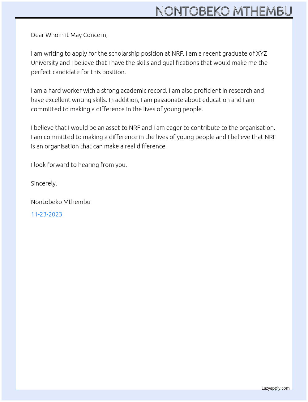 Scholarship At NRF Cover Letter