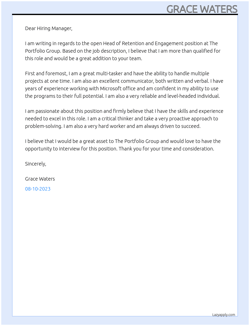 Head of retention and engagement At The Portfolio Group Cover Letter