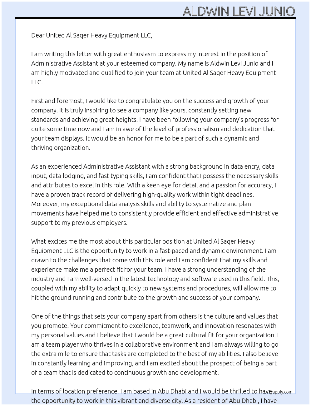 Administrative Assistant At United Al Saqer Heavy Equipment LLC Cover Letter