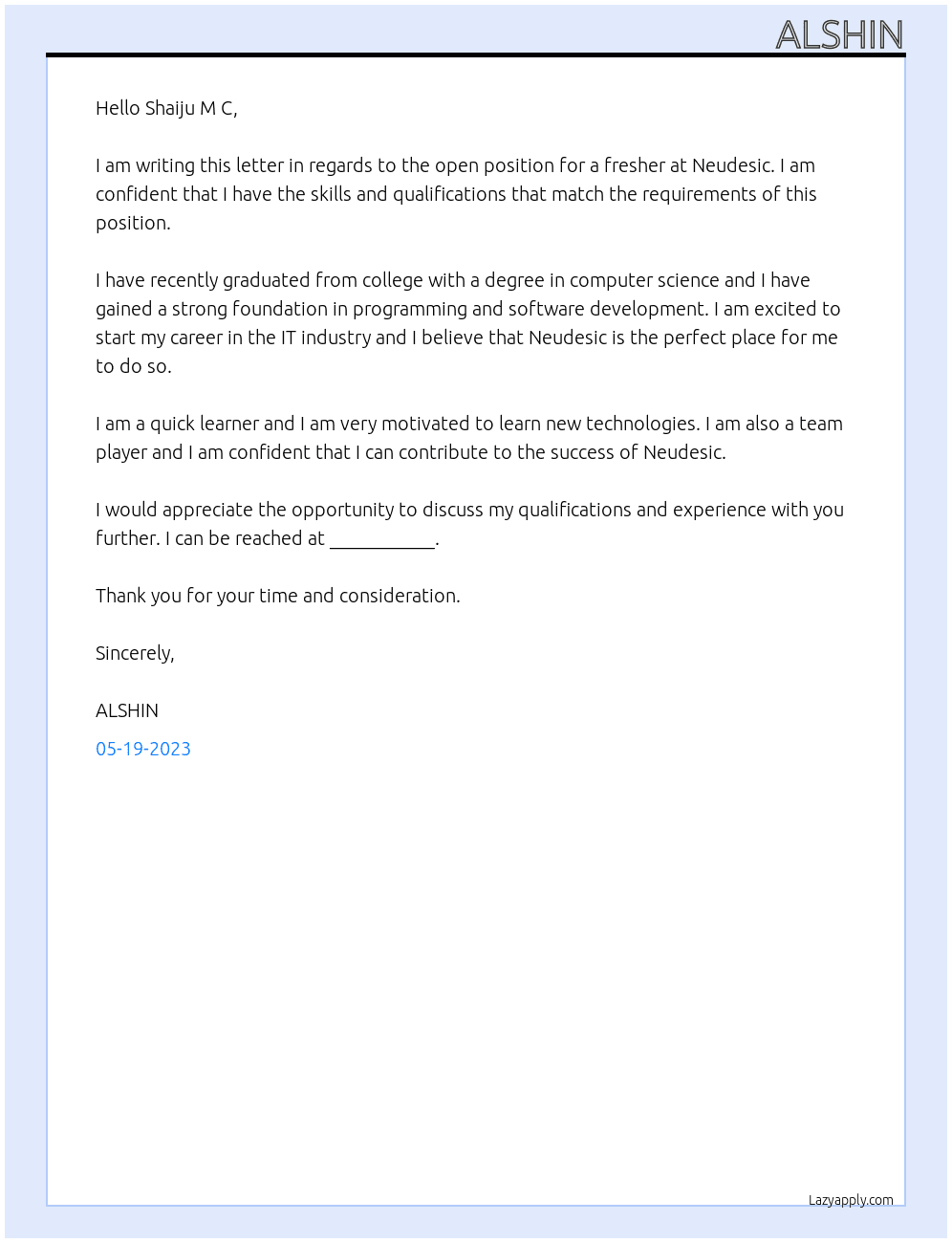 Fresher At neudesic Cover Letter