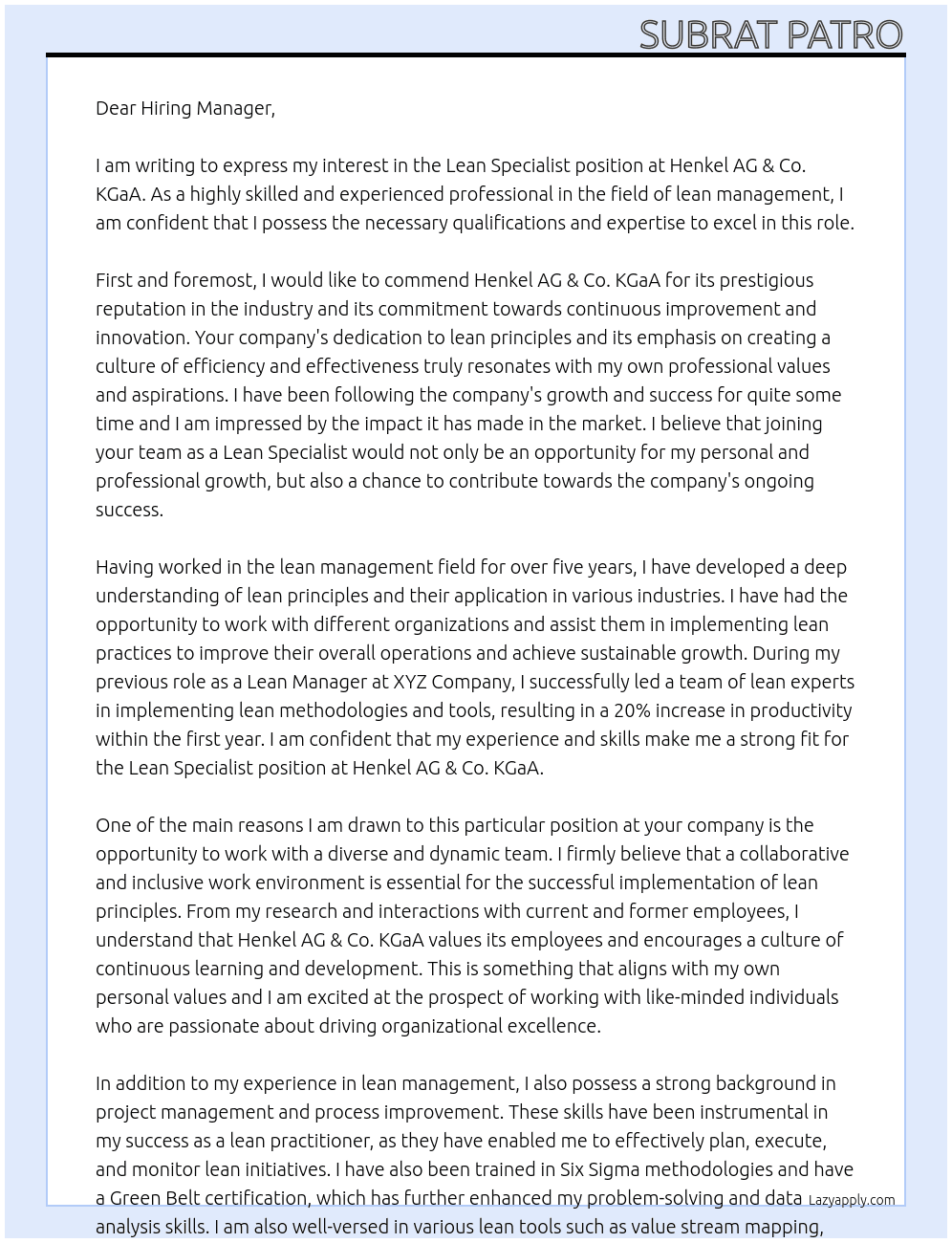Lean Specialist  At henkel ag & co. kgaa  Cover Letter