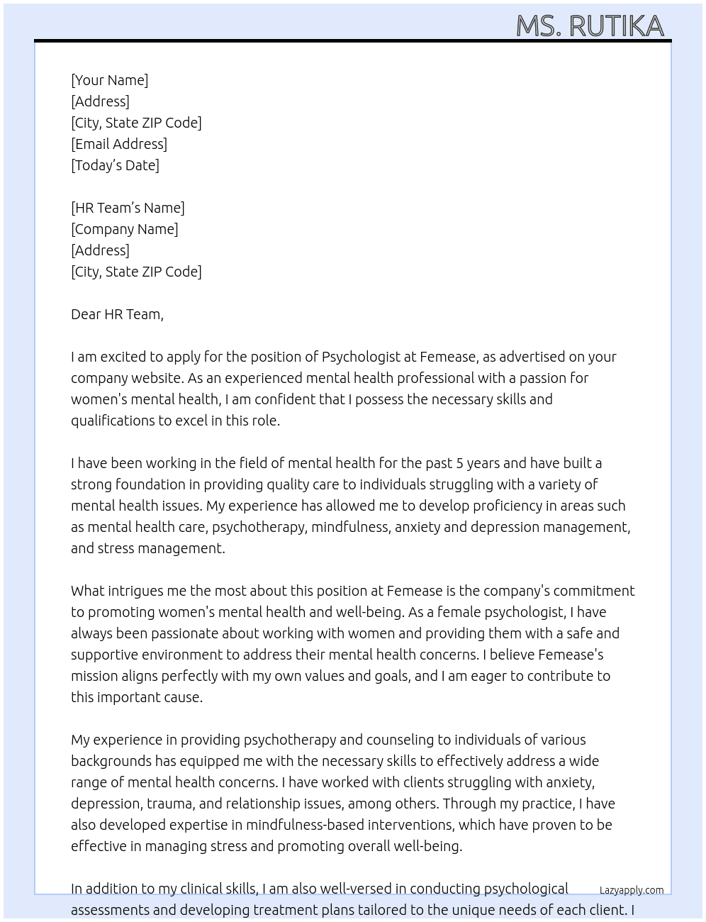psychologist At Femease Cover Letter