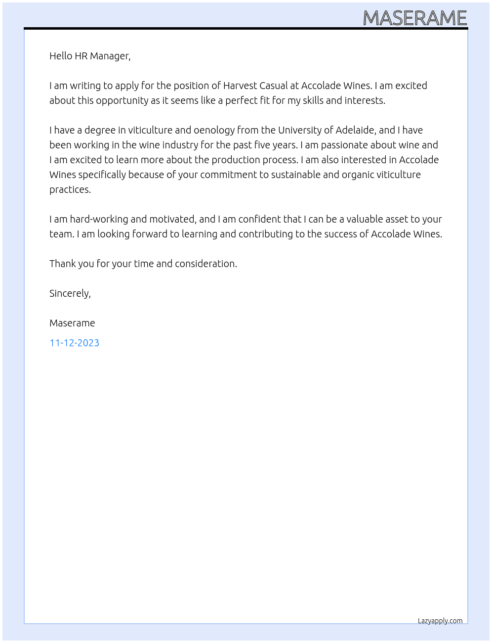 Harvest Casual At Accolade wines Cover Letter