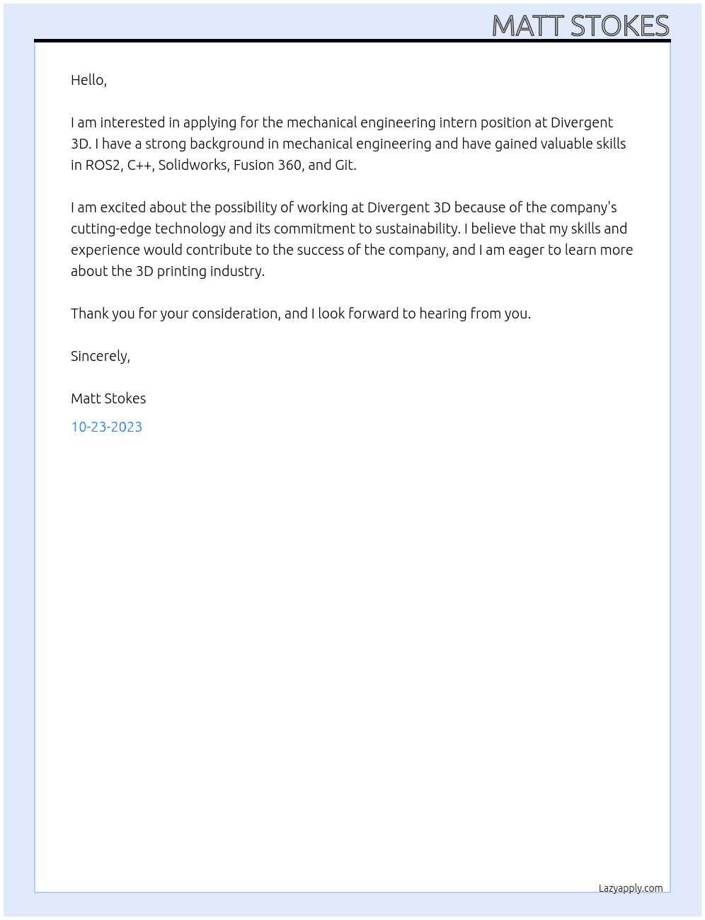 Mechanical Engineering intern At Divergent 3D Cover Letter