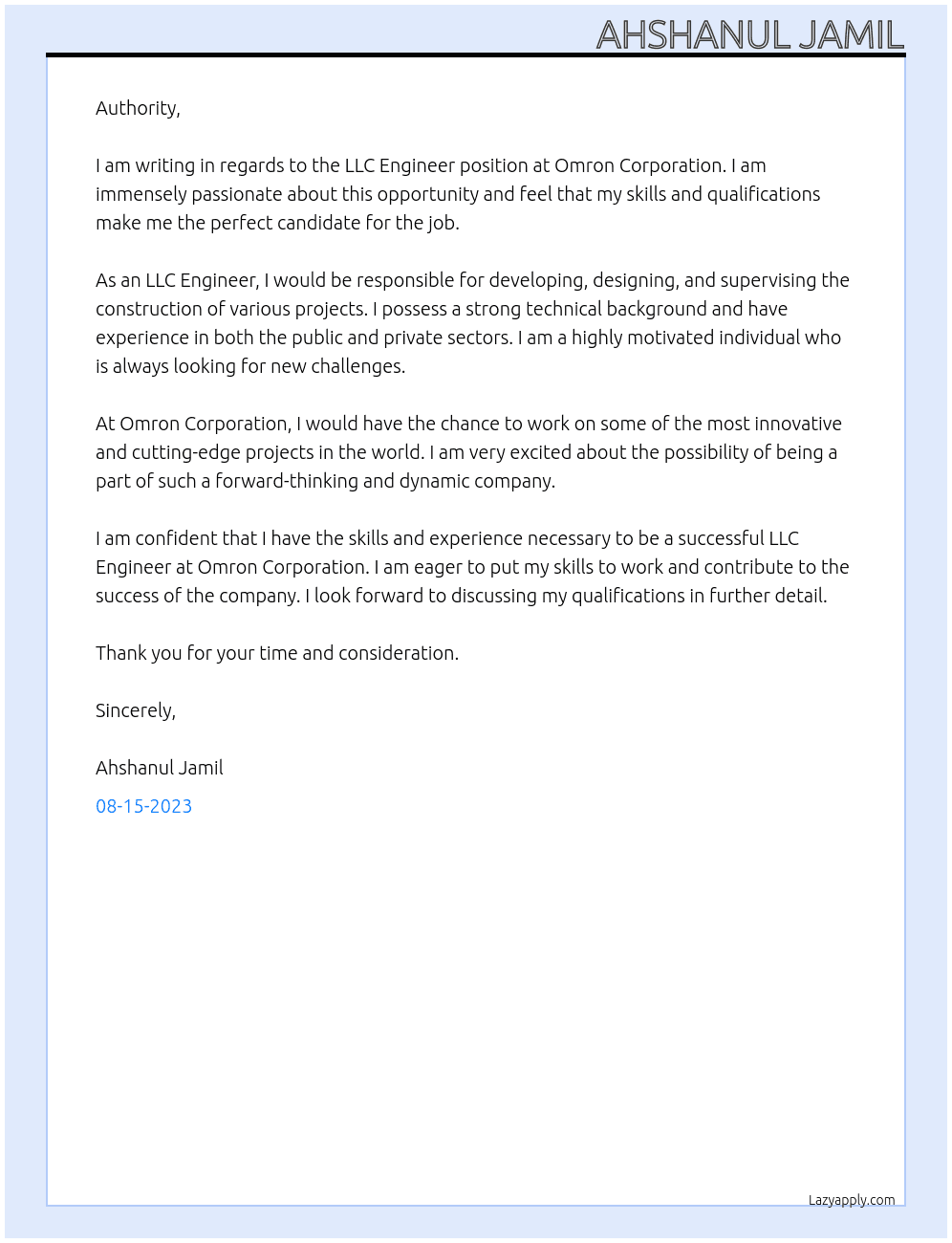 LLC Engineer At Omron Corporation Cover Letter