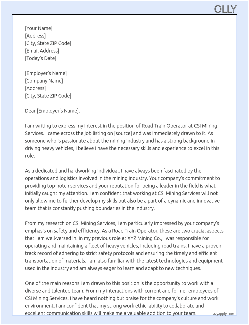 Road train operator At CSI mining services Cover Letter