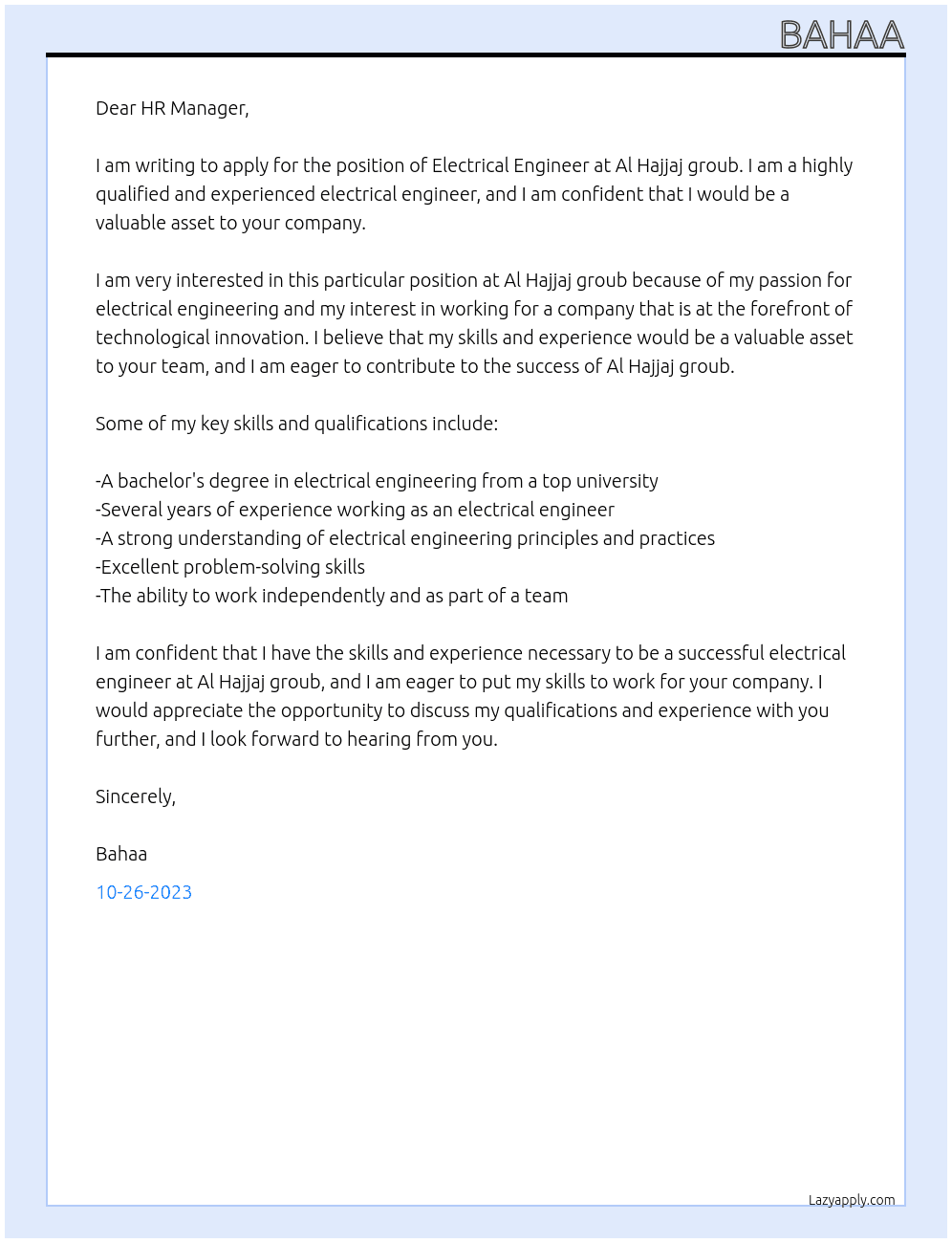 Electrical Engineer At Al Hajjaj groub Cover Letter