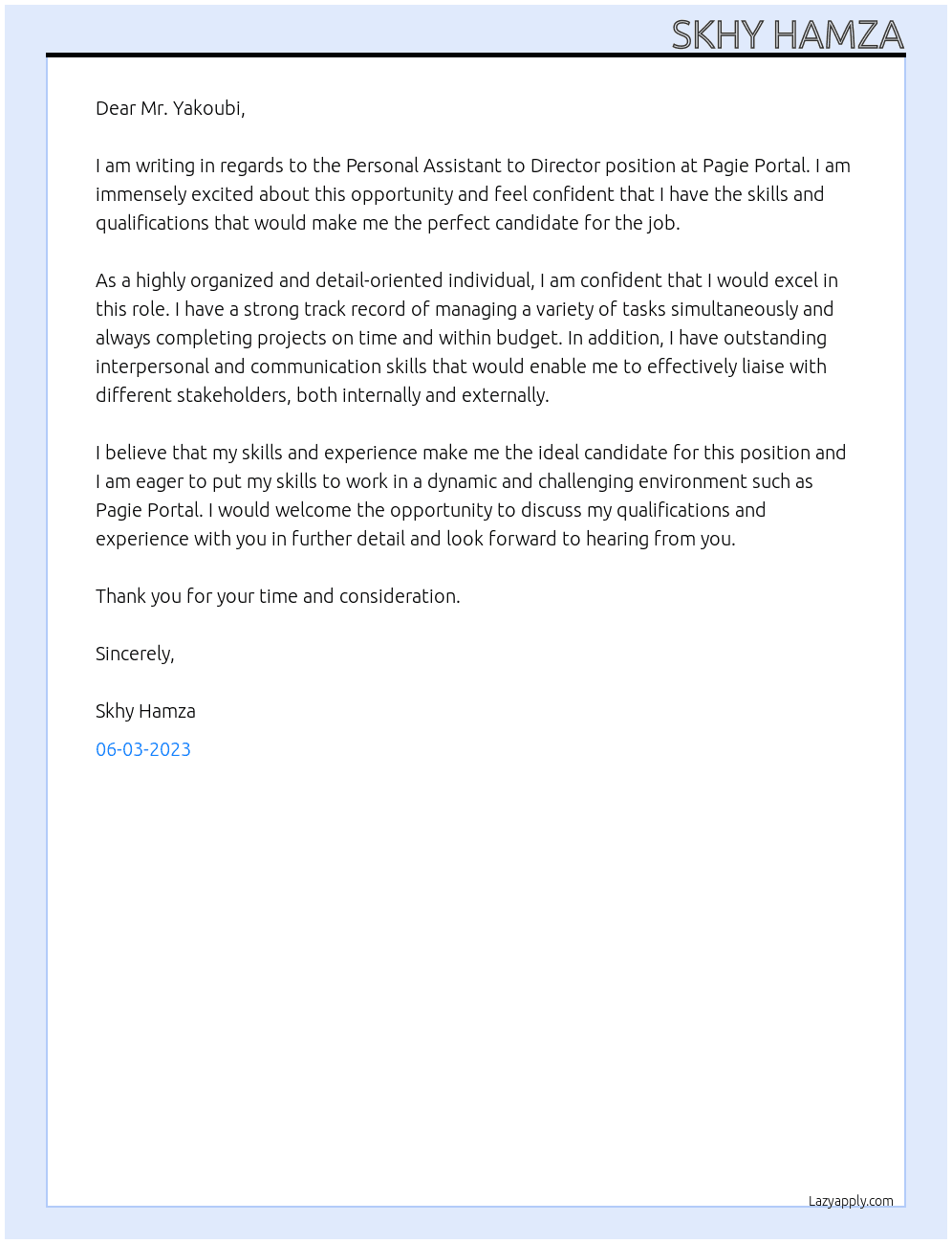 Personal Assistant to Director At Pagie Portal  Cover Letter