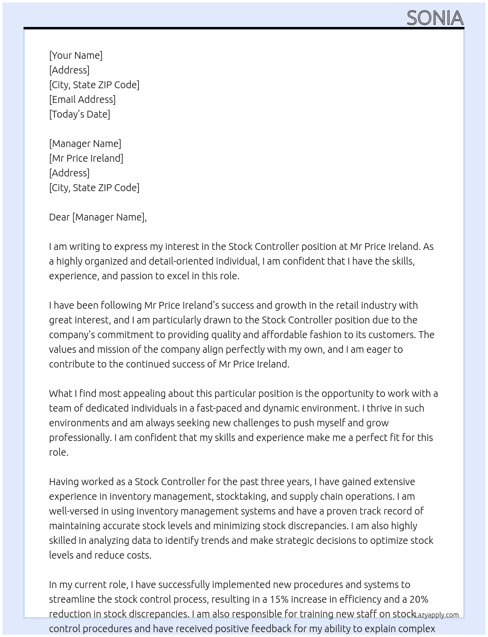 Stock Controller At Mr Price Ireland Cover Letter
