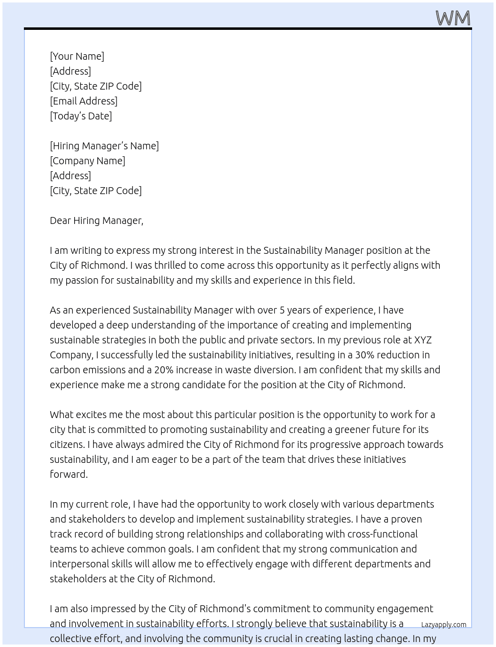 Sustainability Manager At City of Richmond  Cover Letter