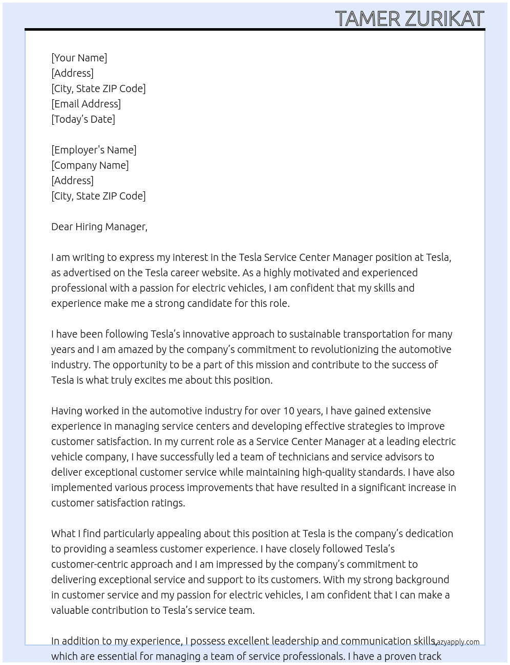Cover letter for tesla service center amman - LazyApply