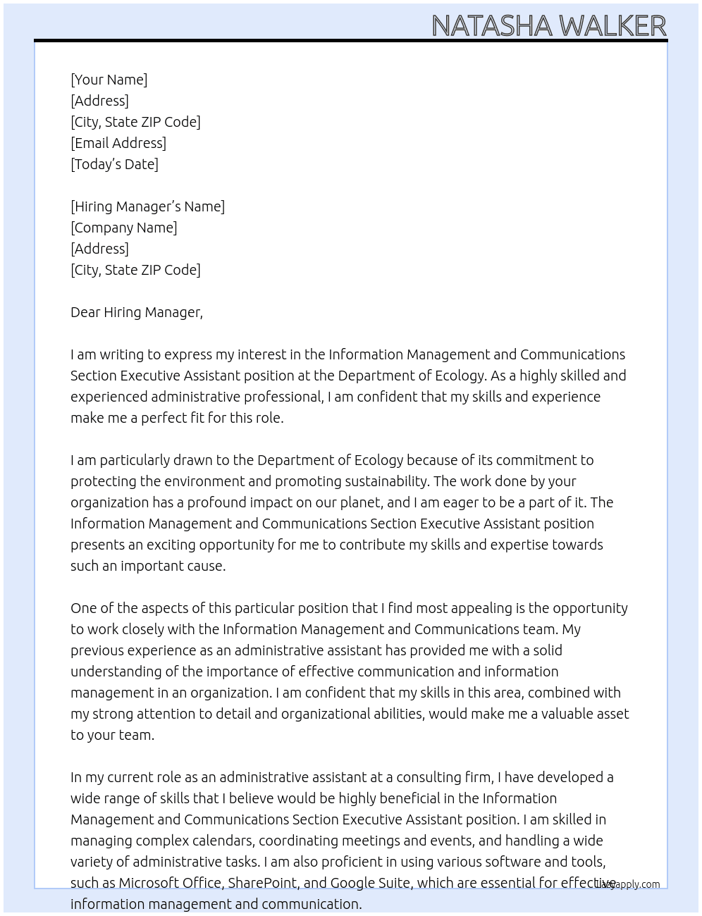 Information Management and Communications Section Executive Assistant (Administrative Assistant 3) At Department of Ecology Cover Letter