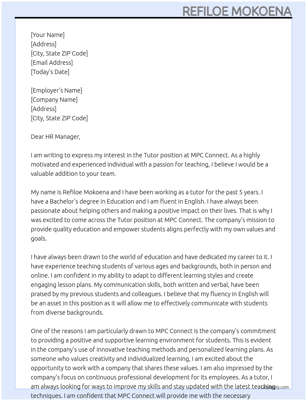 tutor At Mpc connect Cover Letter