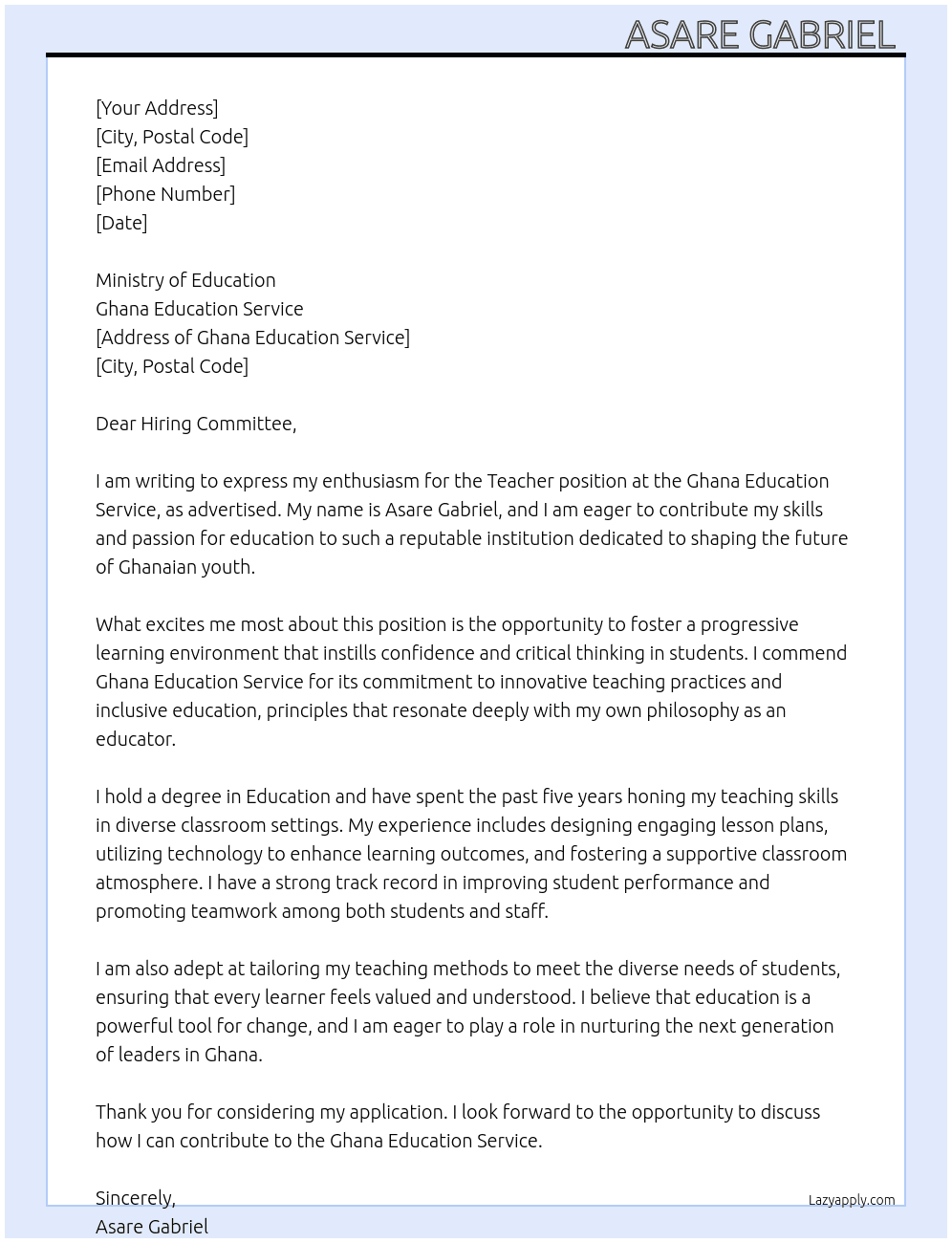 Teacher  At Ghana Education Service  Cover Letter